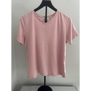 Lauren Brooke Womens Medium Pink V Neck Short Sleeve Stretch Knit Casual Top